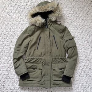 Garage Winter Coat - Women’s Army Green Winter Coat with Faux Fur Hood